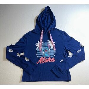 Disney Lilo & Stitch Aloha Blue Lightweight Hoodie Floral Sleeve Medium